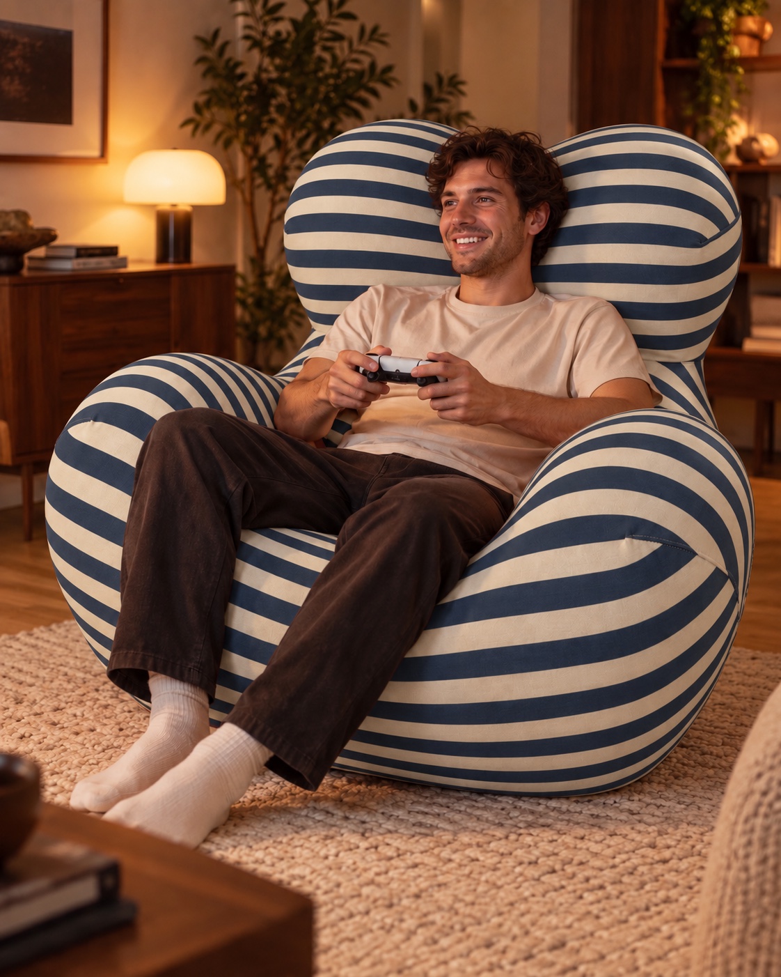 A man relaxing in the navy-striped NuzzleForm chair while gaming at home